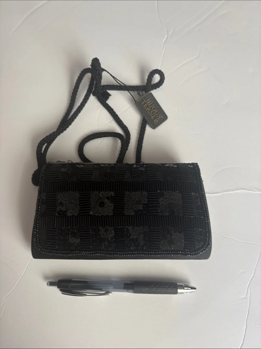 Bijoux Terner Black Sequin Clutch with Braided Strap